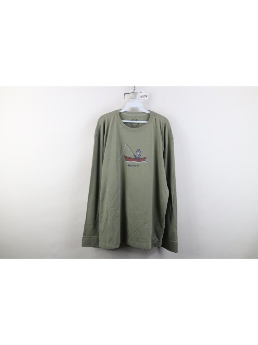 Life Is Good Mens Large Hooked Fishing Boat Long Sleeve T-Shirt Green Cotton